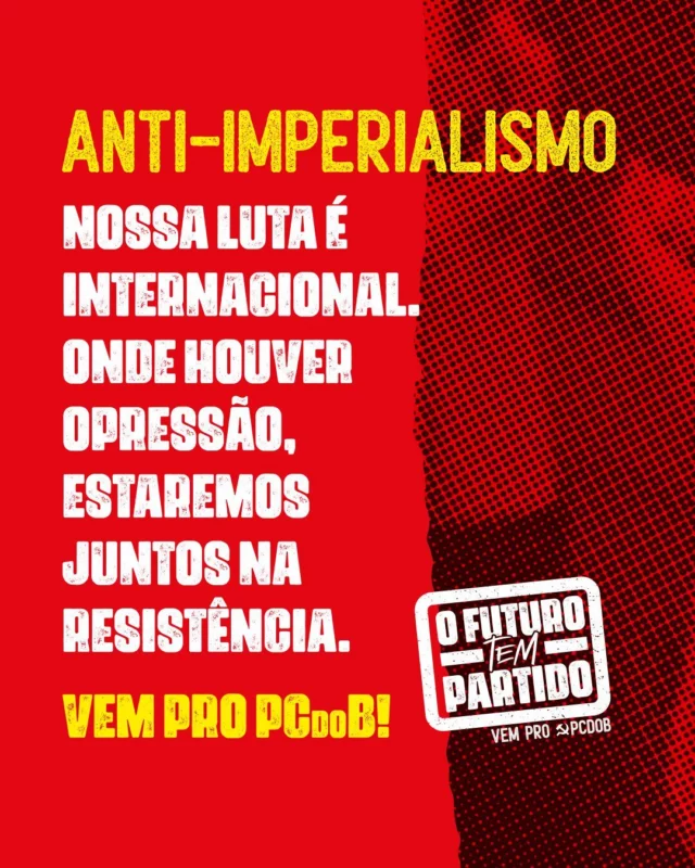 🌍🚩Nossa luta é internacional! 
O PCdoB está ao lado dos povos que resistem à opressão e lutam por um mundo justo, solidário e multipolar.

Acreditamos no socialismo como um projeto coletivo, que valoriza culturas, promove a paz e enfrenta o imperialismo, especialmente o domínio dos EUA e do dólar.

Se você também acredita em solidariedade internacional e justiça global, #VemProPCdoB.

#PCdoB
#Socialismo